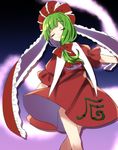  abe_suke bangs bow closed_mouth crossed_legs dress eyebrows_visible_through_hair front_ponytail hair_bow kagiyama_hina long_hair puffy_short_sleeves puffy_sleeves red_bow red_dress short_sleeves smile solo touhou 