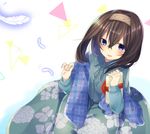  abe_suke bangs brown_hair commentary_request eyebrows_visible_through_hair feathers floral_print gift hair_between_eyes hairband holding holding_gift idolmaster idolmaster_cinderella_girls long_sleeves looking_at_viewer open_mouth plaid plaid_scarf purple_eyes sagisawa_fumika scarf short_hair solo 