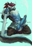  anthro avian balls big_balls big_penis bird body_hair chest_hair cum cum_on_self cumshot ejaculation erection goroguro hat kneeling male masturbation melee_weapon muscular muscular_male orgasm owl penis pubes solo sword weapon 