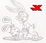  anthro ass_up buster_bunny crossover doggystyle duo female from_behind jk lagomorph male mammal monochrome plain_background rabbit sex straight tiny_toon_adventures tiny_toons tongue warner_brothers white_background yin yin_yang_yo 