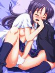  blazer blush bra bra_lift breasts closed_eyes clothes_sniffing commentary_request fingering hand_in_panties highres jacket kneehighs lingerie long_hair masturbation medium_breasts nanamo_(002a) nipples ookura_miyako open_clothes open_shirt panties pillow plaid purple_hair school_uniform shirt skirt smelling socks solo tears tokimeki_memorial tokimeki_memorial_4 underwear 