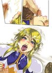  agrias_oaks armor blonde_hair blush censored clothed_sex cum cum_on_clothes cum_on_hair facial fellatio final_fantasy final_fantasy_tactics lips lipstick makeup oral penis raburebo ramza_beoulve 