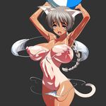  1girl animal_ears arms_up ball beachball bikini blue_eyes blush breasts brown_hair cat_ears cat_tail female inagaki large_breasts looking_at_viewer lynette_bishop nipples open_mouth pubic_hair short_hair solo standing strike_witches swimsuit tail tan tanline uncensored 