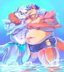  2018 abs anthro biceps bo-gilliam bulge canine clothed clothing digital_media_(artwork) eyewear fur glasses hair hi_res male mammal muscular muscular_male pecs simple_background standing swimsuit topless wolf 