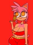  2018 5_fingers absurd_res amy_rose anthro belly big_breasts breasts chinese_new_year cleavage clothed clothing crop_top danishtreat digital_media_(artwork) female hedgehog hi_res holding_object mammal midriff navel orange_eyes red_background shirt short_stack shorts simple_background slightly_chubby small_hands smile solo sonic_(series) thick_thighs voluptuous wide_hips 