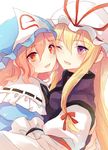  blonde_hair cheek-to-cheek commentary eyebrows_visible_through_hair frills hair_ribbon hat hug lilith_(lilithchan) long_hair medium_hair mob_cap multiple_girls one_eye_closed pink_hair purple_eyes red_eyes red_ribbon ribbon saigyouji_yuyuko tabard touhou yakumo_yukari 