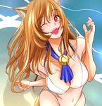  1girl animal_ears artist_request asobi_ni_iku_yo! bangs beach bell belly bikini breasts cat_ears eris_(asobi_ni_iku_yo!) fang grin large_breasts long_hair looking_at_viewer navel ocean one_eye_closed open_mouth orange_hair red_eyes smile swimsuit tail tie water wink 