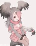  artist_name blush bow braid brown_eyes feathered_wings grey_background grey_hair hair_over_one_eye kemono_friends long_hair miniskirt multicolored_hair pantyhose pink-backed_pelican_(kemono_friends) scarf simple_background sitting skirt solo tatsuno_newo wings 