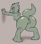  2018 against_wall anthro anus atrolux big_butt breasts butt claws female green_eyes kobold looking_back nude presenting presenting_hindquarters pussy raised_tail rear_view reptile scales scalie smile solo standing toe_claws 