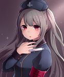  armband between_fingers commentary_request eyebrows_visible_through_hair grey_hair hat highres jacket long_hair long_sleeves looking_at_viewer minai_karte neit_ni_sei nurse_cap open_mouth red_eyes solo star_(sky) syringe twintails upper_body virtual_clinic virtual_youtuber 