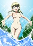  :d blonde_hair blue_eyes blush breasts day death_march_kara_hajimaru_isekai_kyousoukyoku eyebrows_visible_through_hair gentoku groin highres long_hair medium_breasts mismatched_pubic_hair navel nipples nude open_mouth outdoors outstretched_arms pubic_hair smile solo water zena_marientail 