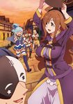  4girls :d aqua_(konosuba) armor armored_dress arms_up belt black_gloves black_hair black_hat black_pants blonde_hair blue_footwear blue_hair blue_shirt blue_skirt blush boots bow bowtie breasts brown_hair carrying closed_eyes crossed_legs crying darkness_(konosuba) detached_sleeves dress floating_hair gloves green_bow green_neckwear hat high_ponytail highres holding knee_boots kono_subarashii_sekai_ni_shukufuku_wo! large_breasts long_hair looking_at_viewer mask megumin miniskirt multiple_boys multiple_girls official_art open_mouth outdoors pants piggyback pleated_skirt purple_dress road running satou_kazuma see-through shirt shoulder_armor skirt sleeveless sleeveless_shirt smile spaulders standing star star_print street sweatdrop tears thighhighs torn_clothes torn_pants twilight vanir very_long_hair walking white_legwear witch_hat wiz_(konosuba) zettai_ryouiki 