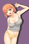  airi_(satosi) armpits blush breasts commentary_request earrings eyebrows_visible_through_hair grey_tank_top hand_up highres jewelry large_breasts midriff navel open_mouth orange_hair original panties purple_background satosi short_hair smile solo tank_top underwear yellow_eyes yellow_panties 