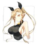  bare_shoulders bell belphe_gor_bacchus blonde_hair blush breasts covered_nipples elf hair_ribbon kasuka_(kusuki) large_breasts long_hair looking_at_viewer orange_eyes original pointy_ears ribbon sideboob sleeveless slit_pupils solo sweatdrop 