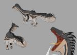  brown_eyes claws depthsofthedrex digital_media_(artwork) dinosaur feathered_dinosaur feet feral fluffy fluffy_tail hi_res hyenphea looking_at_viewer looking_back male multicolored_skin open_mouth orange_tongue simple_background solo standing therizinosaurus theropod toe_claws tongue 