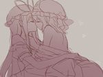  bare_back bare_shoulders closed_eyes commentary grey_background hat heart hug kiss lilith_(lilithchan) long_hair mob_cap multiple_girls ribbon saigyouji_yuyuko short_hair signature simple_background sketch touhou yakumo_yukari yuri 