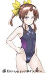  30-06 alternate_costume bare_arms bare_shoulders black_swimsuit brown_hair competition_swimsuit cowboy_shot flat_chest hair_ribbon hand_on_hip highleg highleg_swimsuit highres kagerou_(kantai_collection) kantai_collection looking_at_viewer navel one-piece_swimsuit purple_eyes ribbon solo swimsuit twintails twitter_username white_background yellow_ribbon 
