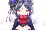  apple bangs black_hair eyebrows_visible_through_hair food fruit gloves hair_ornament hayami_kanade highres idolmaster idolmaster_cinderella_girls looking_at_viewer migimaki_(migi_mawashi) parted_bangs short_hair solo yellow_eyes 