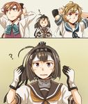  2koma 3girls ? @_@ ahoge akigumo_(kantai_collection) akizuki_(kantai_collection) bandaid bandaid_on_face black_hair black_ribbon blue_neckwear blue_ribbon brown_eyes brown_hair comic commentary corset elbow_pads gloves green_eyes hachimaki hair_ribbon headband kantai_collection long_hair multiple_girls neck_ribbon neckerchief oboro_(kantai_collection) ponytail purple_eyes ribbon school_uniform serafuku shakeda_mamoshirou short_hair translated tying_headband vest yellow_neckwear 