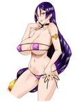  abemorioka bare_shoulders bikini breasts choker collarbone commentary_request covered_nipples eyepatch_bikini fate/grand_order fate_(series) groin huge_breasts long_hair looking_at_viewer micro_bikini minamoto_no_raikou_(fate/grand_order) minamoto_no_raikou_(swimsuit_lancer)_(fate) navel purple_bikini purple_eyes purple_hair pussy_peek side-tie_bikini simple_background solo swimsuit very_long_hair white_background 