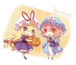  blonde_hair candy chibi commentary dress food hair_ribbon halloween hat jack-o'-lantern japanese_clothes kimono lilith_(lilithchan) long_hair mob_cap multiple_girls orange_eyes pink_hair pumpkin purple_dress purple_eyes ribbon saigyouji_yuyuko striped striped_legwear touhou trick_or_treat yakumo_yukari 