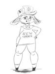  2015 anthro big_breasts breasts buckteeth chest_tuft clothed clothing digital_media_(artwork) english_text female footwear fully_clothed hair hand_on_hip hat lagomorph legwear line_art looking_at_viewer mammal monochrome rabbit shoes short_hair smile smutbooru socks solo standing teeth text tuft 