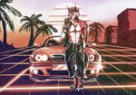  1980s 2018 anthro bandanna bmw bmw_330ci canine car clothed clothing gloves looking_at_viewer lupinemoonfeather male mammal outside palm_trees partially_clothed red_baron_(lupinemoonfeather) retro solo standing synthwave topless vehicle wolf 