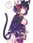  :d ? animal_ears ass azur_lane bangs black_hair black_kimono blunt_bangs blush breasts cat_ears cat_mask cat_tail cowboy_shot eyebrows_visible_through_hair fang floral_print from_behind gloves hair_ribbon japanese_clothes kimono long_sleeves looking_at_viewer looking_back mask mask_on_head medium_breasts obi open_mouth pink_eyes print_kimono red_ribbon ribbon sash short_hair short_kimono sideboob smile solo speech_bubble spoken_question_mark standing tail tareme white_gloves wide_sleeves yamashiro_(azur_lane) yuraiko 