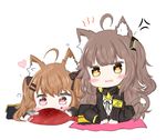  ahoge anger_vein animal animal_ears arm_support armband bailingxiao_jiu bangs black_bow black_jacket black_legwear blush bow brown_eyes brown_hair cat_ears cat_girl cat_tail commentary_request cushion eyebrows_visible_through_hair fang fish girls_frontline hair_between_eyes hair_bow hair_ornament hairclip head_tilt heart highres jacket kemonomimi_mode long_hair long_sleeves looking_at_viewer lying multiple_girls on_stomach one_side_up open_clothes open_jacket pantyhose parted_lips purple_eyes scar scar_across_eye shirt sitting tail twintails ump45_(girls_frontline) ump9_(girls_frontline) very_long_hair wavy_mouth white_background white_shirt zabuton 
