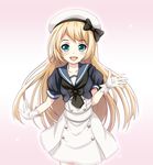  :d blonde_hair blue_eyes blue_sailor_collar buttons dress gloves hat jervis_(kantai_collection) kantai_collection long_hair open_mouth pink_background sailor_collar sailor_dress short_sleeves smile solo tk8d32 white_gloves white_hat 