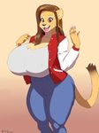  2018 absurd_res anthro big_breasts black_nose braided_hair breasts brown_eyes brown_hair clothed clothing colored_nails digital_media_(artwork) ear_piercing eyelashes fangs feline female fully_clothed gradient_background hair hi_res huge_breasts jeans lion long_hair looking_at_viewer mammal nipple_bulge open_mouth pants piercing plankboy simple_background solo thick_thighs 