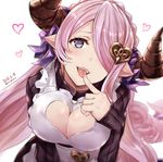  apron black_sweater blue_eyes blush bow braid breasts cleavage cleavage_cutout commentary_request dated draph finger_to_mouth frills granblue_fantasy hair_bow hair_ornament hair_over_one_eye heart heart-shaped_pupils heart_cutout heart_hair_ornament horns large_breasts lavender_hair long_hair looking_at_viewer low_tied_hair nabeshima_tetsuhiro narmaya_(granblue_fantasy) open_mouth pointy_ears ribbed_sweater simple_background single_braid solo sweater symbol-shaped_pupils teeth tongue tongue_out turtleneck turtleneck_sweater twitter_username white_background 