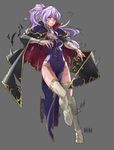  absurdres bangle belly_chain black_cape book boots bracelet breasts bridal_gauntlets cape choker cleavage collar commentary cuts damaged daniel_deng dress earrings elbow_gloves fire_emblem fire_emblem:_seisen_no_keifu fire_emblem:_thracia_776 fire_emblem_heroes gem gloves grey_background high_heel_boots high_heels highres holding holding_book injury ishtar_(fire_emblem) jewelry large_breasts lavender_hair lips parody ponytail purple_dress purple_eyes shoulder_pads side_ponytail side_slit sidelocks solo teeth thigh_boots thighhighs thighs torn_boots torn_cape torn_clothes torn_dress torn_gloves white_footwear white_gloves 