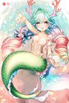  drill_hair hand_up mermaid mokokiyo_(asaddr) monster_girl multicolored_hair original ribbon shell smile twin_drills 