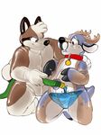  2017 4_fingers akita animate_inanimate anthro canine cervine collar deer digital_drawing_(artwork) digital_media_(artwork) dog duo floebean hi_res hose inflatable inflation jaiy kneeling living_inflatable male mammal markings nude open_mouth pool_toy red_collar rubber sakeakita shiny simple_background smile sweat teeth water white_background 