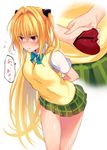  blonde_hair blue_bow blush bow box green_skirt heart-shaped_box konjiki_no_yami long_hair looking_to_the_side murio nose_blush parted_lips red_eyes shiny shiny_hair shiny_skin short_sleeves skirt to_love-ru to_love-ru_darkness tsundere valentine very_long_hair vest white_background 