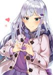  absurdres bangs blue_eyes coat duffel_coat fingernails grey_coat hair_ornament hairclip heart heart_hands highres idolmaster idolmaster_million_live! long_hair long_sleeves looking_at_viewer open_clothes open_coat plaid plaid_scarf purple_scarf purple_sweater raised_eyebrows scarf shiny shiny_hair shiraishi_tsumugi silver_hair simple_background solo sweatdrop sweater tsurime tuxedo_de_cat upper_body very_long_hair white_background winter_clothes 