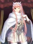 bangs blurry blurry_background cloak closed_mouth commentary_request contrapposto detached_sleeves dress eyebrows_visible_through_hair fate/grand_order fate_(series) fur-trimmed_cloak fur-trimmed_legwear fur_collar fur_trim gloves hand_on_hip hand_on_own_chest hand_up highres kotera_ryou long_hair looking_at_viewer medb_(fate)_(all) medb_(fate/grand_order) one_eye_closed pink_hair short_dress sidelocks smile solo standing thighhighs tiara very_long_hair white_cloak white_dress white_gloves white_legwear yellow_eyes 