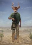  5_fingers antlers brown_body brown_eyes bulletproof_vest canada cervine clothed clothing cloud coover deer desert detailed_background fully_clothed gun handgun hooves horn latex_(artist) looking_at_viewer male mammal outside pants pistol ranged_weapon shirt solo weapon 