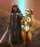  &lt;3 2018 anthro armor big_breasts bikini_armor blonde_hair blue_eyes breasts clothed clothing detailed_background digital_media_(artwork) dragon duo female fish hair horn link2004 male marine midriff navel reptile scalie shark sith slave star_wars unconvincing_armor 