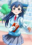  :d bangs blue_eyes blue_hair book cowboy_shot fountain futa-futa grey_skirt hair_bun holding holding_book hugtto!_precure l'avenir_academy_uniform long_hair looking_at_viewer necktie open_mouth outdoors outstretched_hand precure red_neckwear school_uniform skirt smile solo sweater_vest tree yakushiji_saaya 