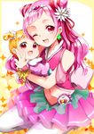  ;d akira_ry0 baby back_bow blonde_hair bow carrying cure_yell earrings hair_ribbon heart highres hug-tan_(precure) hugtto!_precure jewelry long_hair looking_at_viewer multiple_girls navel nono_hana one_eye_closed open_mouth pink_eyes pink_hair pink_skirt precure red_ribbon ribbon shorts sitting skirt smile sparkle_background thighhighs wariza white_legwear 