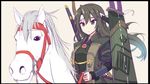  black_border border flight_deck green_eyes green_hair hair_down headband highres horse japanese_clothes jinbaori kantai_collection long_hair reins remodel_(kantai_collection) ribbon riding sword tenrai upper_body weapon white_ribbon zuikaku_(kantai_collection) 