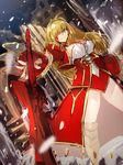  aestus_estus ahoge blonde_hair blood breasts cleavage dress epaulettes fate/extra fate_(series) greaves green_eyes hair_over_one_eye highres large_breasts long_hair looking_at_viewer melon22 nero_claudius_(fate) nero_claudius_(fate)_(all) see-through snow solo 