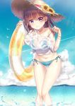  absurdres bangs bare_legs bare_shoulders bikini bikini_under_clothes bird blue_bikini blue_ribbon bracelet breasts brown_hair cleavage cloud collarbone condensation_trail day feet_out_of_frame flower frilled_innertube hat hat_flower highres holding ichiren_namiro jewelry light_rays long_hair looking_at_viewer medium_breasts moe2018 mountainous_horizon navel off_shoulder original parted_lips purple_eyes ribbon see-through shade shirt short_sleeves shoulder_cutout side-tie_bikini smile solo sparkle splashing stomach straw_hat summer sunbeam sunflower sunlight swimsuit thigh_gap tied_shirt water water_drop wet wet_clothes wet_shirt white_shirt 