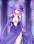  absurdres bare_shoulders blue_eyes blush braid breasts check_commentary commentary commentary_request dress elbow_gloves flower gloves hair_flower hair_ornament highres indoors kyou large_breasts long_hair looking_at_viewer mosaic neptune_(series) power_symbol purple_dress purple_gloves purple_hair purple_heart side_slit skirt_hold smile solo string_panties symbol-shaped_pupils twin_braids twintails very_long_hair 