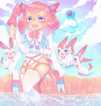  bangs blue_eyes blue_sky blush bow bug butterfly cloud cloudy_sky dear-cotton-candy fang garter_belt garter_straps gen_6_pokemon gloves gradient_sky hair_between_eyes hand_up heart insect looking_at_viewer medium_hair open_mouth outdoors personification pink_gloves pink_hair pokemon pokemon_(creature) sitting skindentation sky smile sylveon tail thighhighs water 