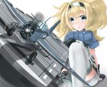  belt_buckle blonde_hair blue_eyes breast_pocket breasts buckle buttons flight_deck gambier_bay_(kantai_collection) gloves hair_between_eyes highres kantai_collection large_breasts long_hair pocket redundant-cat shorts solo tbf_avenger thighhighs twintails white_gloves white_legwear 