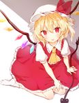  :p arm_support blonde_hair collared_shirt commentary_request crystal flandre_scarlet hand_on_own_knee hat hat_ribbon honotai laevatein mob_cap puffy_short_sleeves puffy_sleeves red_eyes red_ribbon red_skirt ribbon shirt short_hair short_sleeves sitting skirt skirt_set solo tongue tongue_out touhou two-tone_background white_legwear white_shirt wings yellow_neckwear 