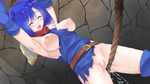  armpits arms_up ass_visible_through_thighs bangs bdsm belt belt_buckle between_breasts blue_dress blue_hair bondage bound breasts buckle censored crotch_rope detached_sleeves dress dutch_angle eyebrows_visible_through_hair fire_emblem fire_emblem:_monshou_no_nazo headband katua kokuto_mikan legs_apart looking_down medium_breasts mosaic_censoring nipples open_mouth pussy pussy_juice red_scarf rope scarf shiny shiny_hair short_hair solo standing stone_wall sweat torn_clothes torn_dress wall wince 